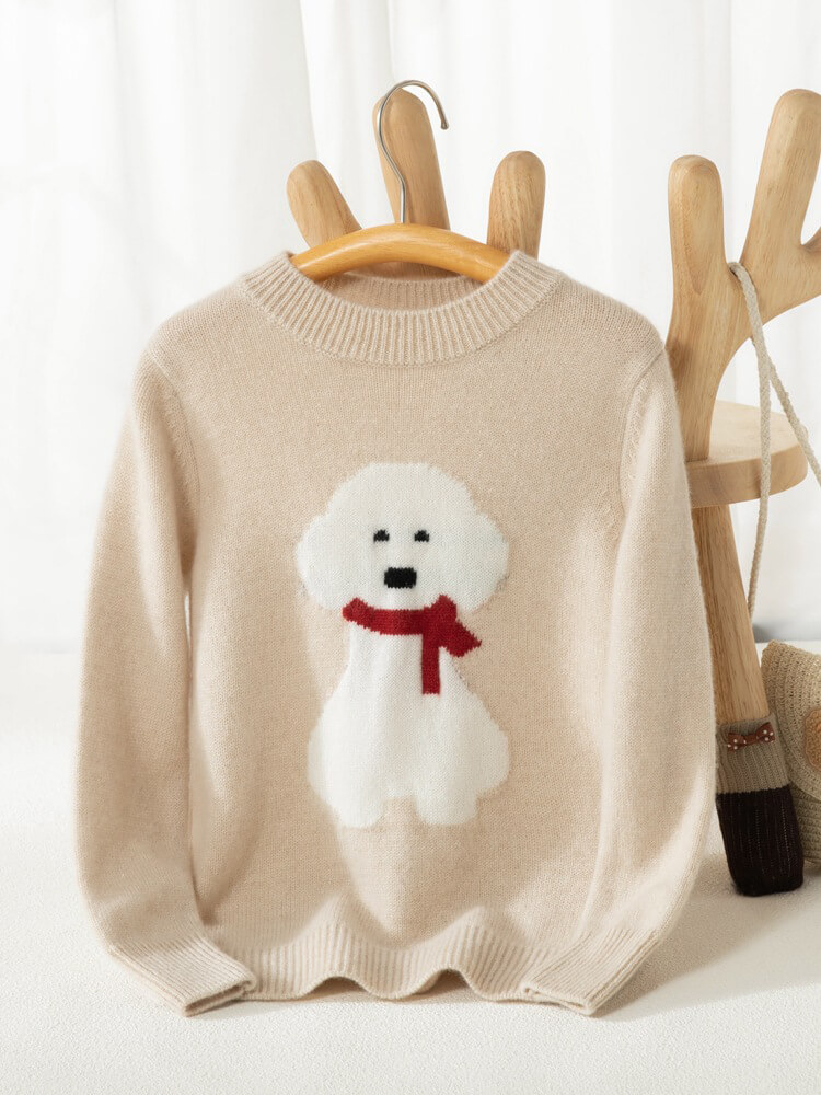 Kids Soft Puppy Intarsia Thick Cashmere Crew Neck Sweater